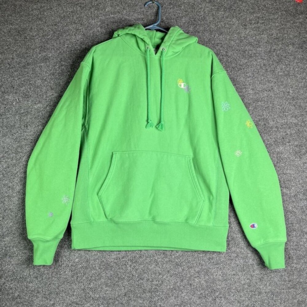 Champion Reverse Weave Hoodie‎ Large Flower Embroidery Green Pullover